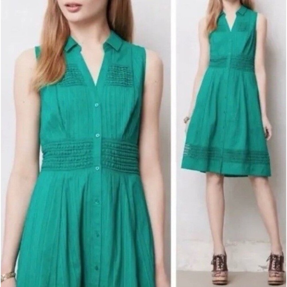 Maeve Swiss Dot Shirtdress Green  Crochet Dress Anthropologie Pockets Size 0
